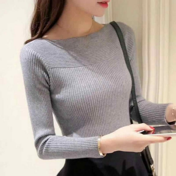 Black and Friday Clothing Sales Idoravan Slim Fit Women Long Sleeve T-shirt Basie Tees,Winter Sweater Women Slim Sleeve Round Neckr Knitting Tops Gray