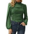 thumbnail image 1 of Black and Friday Clothing Sales Idoravan Slim Fit Women Long Sleeve T-shirt Basie Tees,Women Casual Solid Color Long Lantern Sleeve High Collar Pleated Slim T-Shirt Army Green XXL, 1 of 4