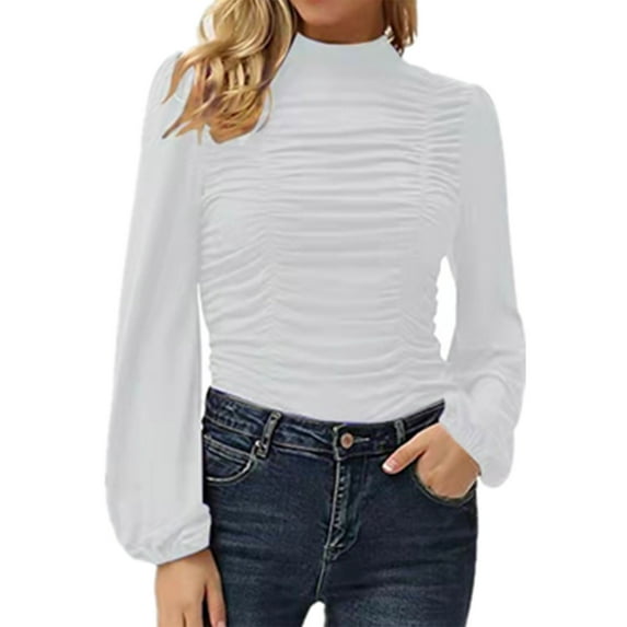 Black and Friday Clothing Sales Idoravan Slim Fit Women Long Sleeve T-shirt Basie Tees,Women Casual Solid Color Long Lantern Sleeve High Collar Pleated Slim T-Shirt White S