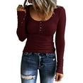 thumbnail image 1 of Black and Friday Clothing Sales Idoravan Slim Fit Women Long Sleeve T-shirt Basie Tees,Women's Casual Solid Color Buttons Long Sleeve V-Neck Loose Shirt Blouse Top Red S, 1 of 8