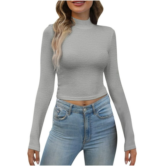 Black and Friday Clothing Sales Idoravan Slim Fit Women Long Sleeve T-shirt Basie Tees,Women's Fall Fashion Long Sleeve Stretch Slim Fitted Ribbed T-Shirt Blouse Solid Basic Tops Gray XL