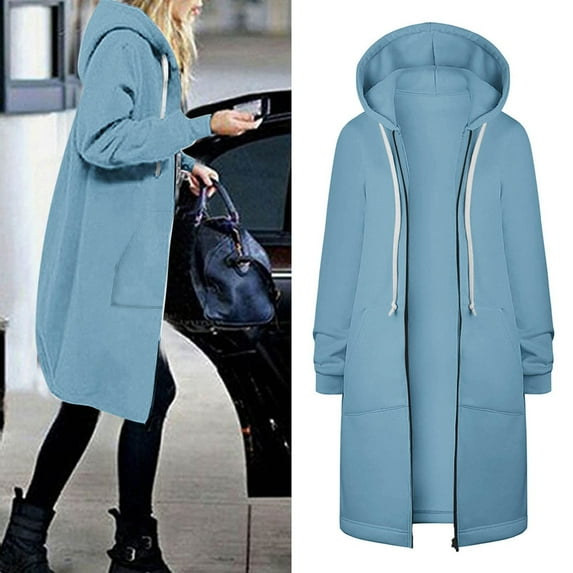 Black and Friday Clothing Sales Idoravan Trench Coats for Women Plus Size Clearance Fashion Woman Long Sleeve Open Front Loose Outerwear Solid Zipper Coat Tops Pockets Blouse Light Blue XL