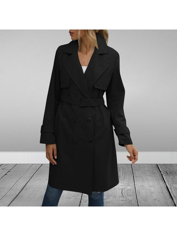 Black and Friday Clothing Sales Idoravan Trench Coats for Women Plus Size Fashion Women Casual Solid Color Coat Long Sleeve Overcoat Tops Winter Outwear Black S
