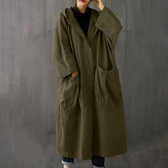 Black and Friday Clothing Sales Idoravan Trench Coats for Women Plus Size Women's Solid Color Lapel Pocket Oversize Long Jacket Cardigan Jacket Army Green