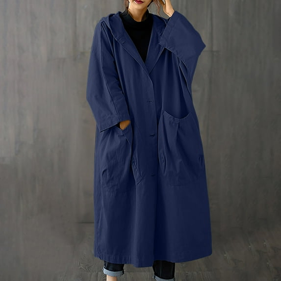 Black and Friday Clothing Sales Idoravan Trench Coats for Women Plus Size Women's Solid Color Lapel Pocket Oversize Long Jacket Cardigan Jacket Dark Blue