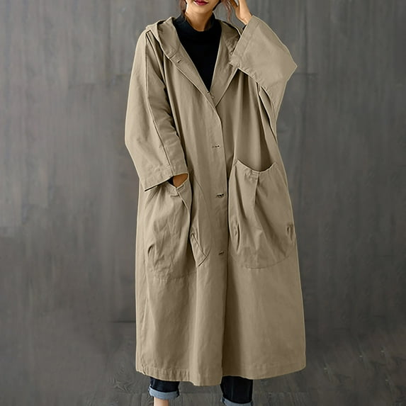 Black and Friday Clothing Sales Idoravan Trench Coats for Women Plus Size Women's Solid Color Lapel Pocket Oversize Long Jacket Cardigan Jacket Khaki