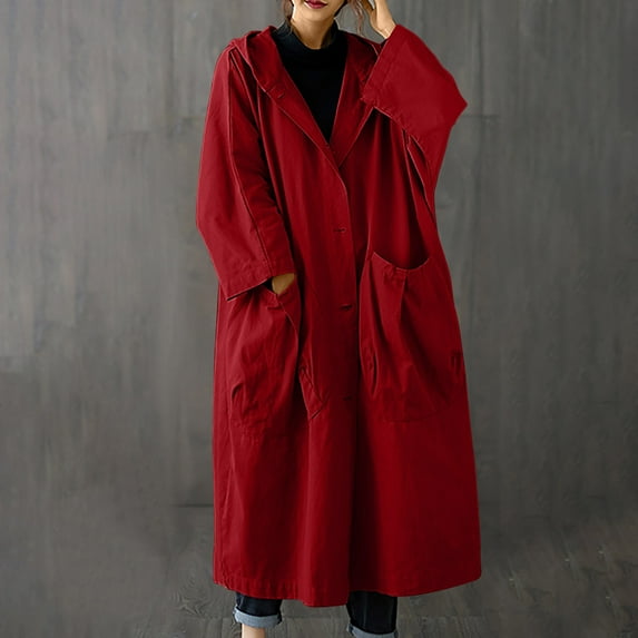 Black and Friday Clothing Sales Idoravan Trench Coats for Women Plus Size Women's Solid Color Lapel Pocket Oversize Long Jacket Cardigan Jacket Wine
