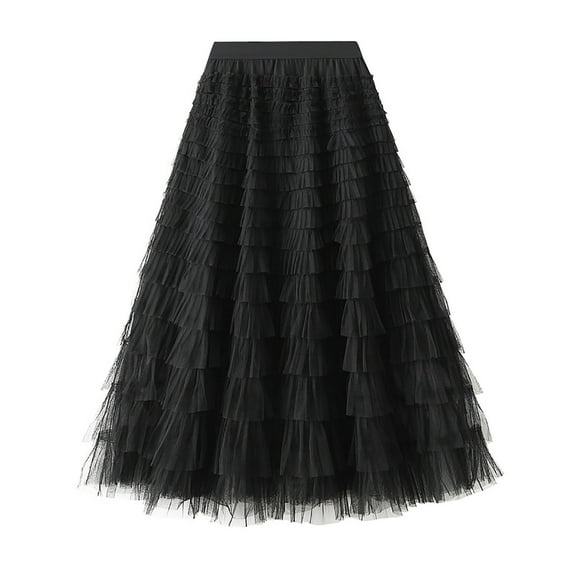 Black and Friday Clothing Sales Idoravan Tulle Tutu Skirts for Women Women's Solid Color Ruffled Mesh Skirt High Waist Prom Poached Skirt Half-length Skirt Black