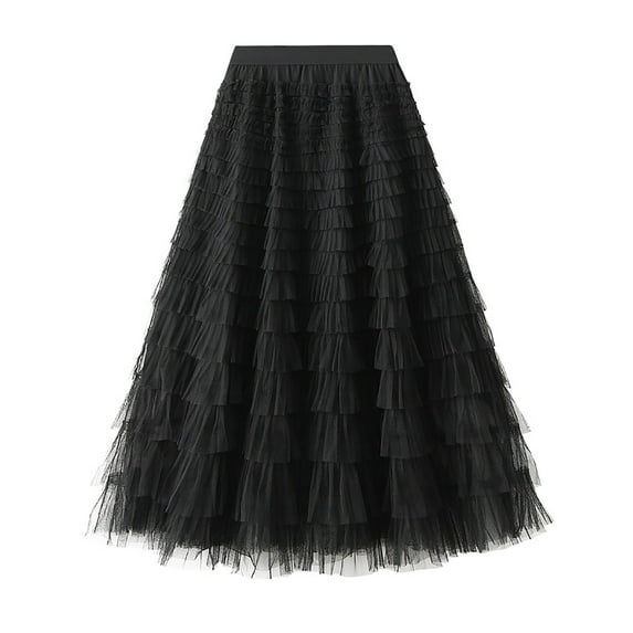 Black and Friday Clothing Sales Idoravan Tulle Tutu Skirts for Women Women's Solid Color Ruffled Mesh Skirt High Waist Prom Poached Skirt Half-length Skirt Black