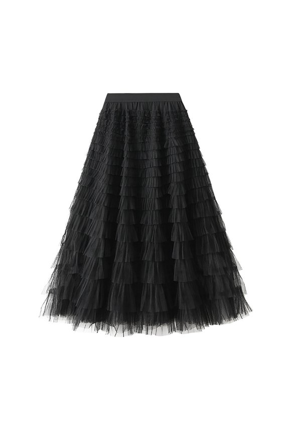 Black and Friday Clothing Sales Idoravan Tulle Tutu Skirts for Women Women's Solid Color Ruffled Mesh Skirt High Waist Prom Poached Skirt Half-length Skirt Black
