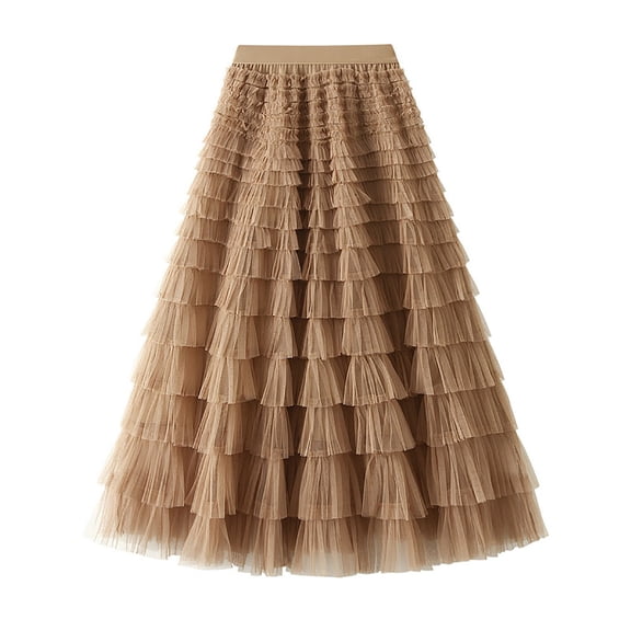 Black and Friday Clothing Sales Idoravan Tulle Tutu Skirts for Women Women's Solid Color Ruffled Mesh Skirt High Waist Prom Poached Skirt Half-length Skirt Brown
