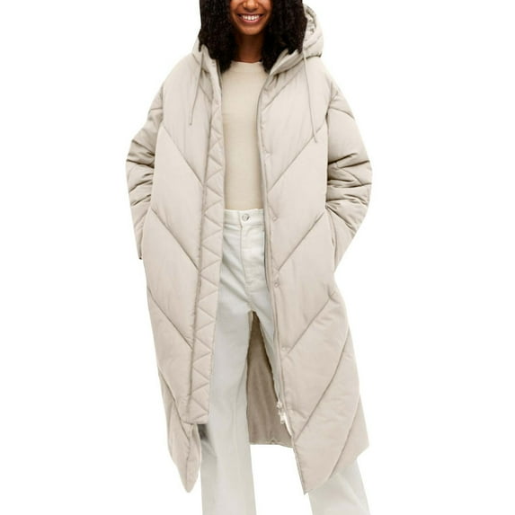 Black and Friday Clothing Sales Idoravan Women's Quilted Puffer Coat,Fall Fashion Women Casual Comfortable Zipper Drawstring Pocket Long Sleeve Parkas Beige XL