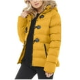 thumbnail image 1 of Black and Friday Clothing Sales Idoravan Women's Quilted Puffer Coat,Women Hooded Zippers Solid Medium and Long Term Loose Long Sleeve Warm Blouse Coat Jackets Yellow L, 1 of 5