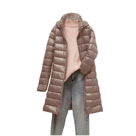 Black and Friday Clothing Sales Idoravan Women's Quilted Puffer Coat,Women's Down Jacket Lightweight Removable Hood Mid-length Slim Large Size Thin Jacket Khaki M