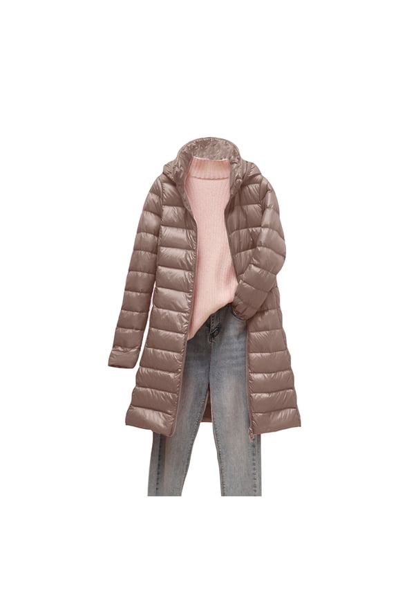 Black and Friday Clothing Sales Idoravan Women's Quilted Puffer Coat,Women's Down Jacket Lightweight Removable Hood Mid-length Slim Large Size Thin Jacket Khaki M
