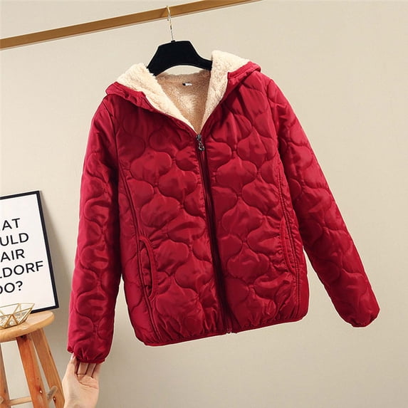 Idoravan Women's Quilted Puffer Coat,Women's Loose Casual Thickened Warm Short Cotton Jacket Long Sleeved Cotton Jacket Wine L