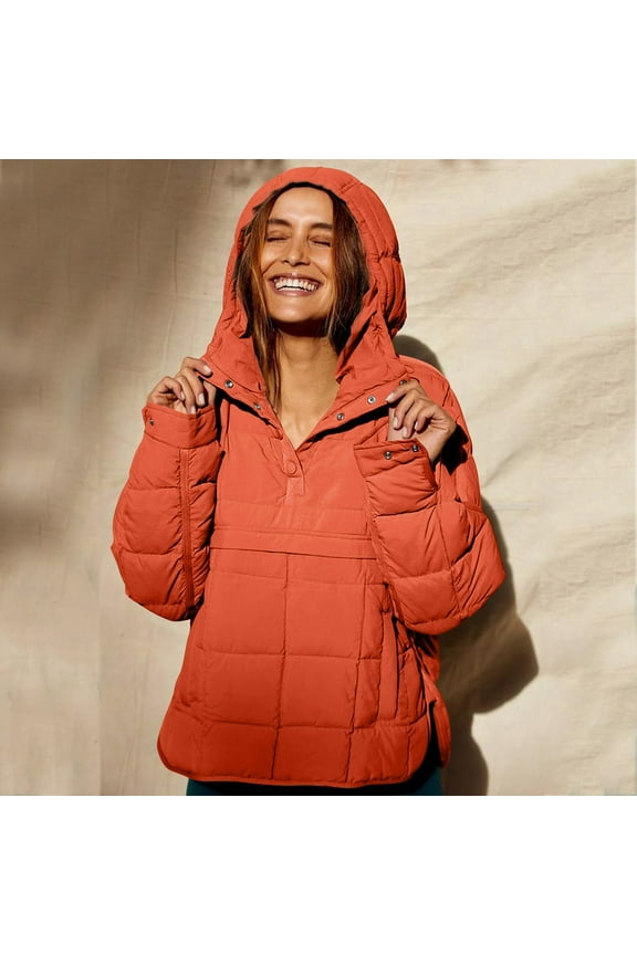 Black and Friday Clothing Sales Idoravan Women's Quilted Puffer Coat,Women's Pullover Puffer Jacket Quilted Lightweight Casual Winter Warm Hoodie Padded Coat with Pocket Orange S