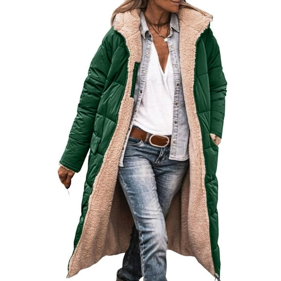 Black and Friday Clothing Sales Idoravan Women's Quilted Puffer Coat,Women's Winter Casual Loose Fashion Color Pocket Zippered Tops Reversible Long Cotton Coat Green XXXL