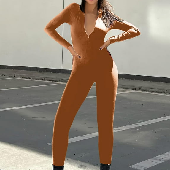 Black and Friday Clothing Sales Idoravan Women's Slimming Long Leg Bodysuit,Women's Summer Casual Sexy V-neck Jumpsuit Waistband Slimming Jumpsuit Brown S