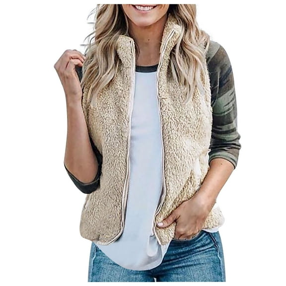 Black and Friday Clothing Sales Idoravan Womens Fleece Sleeveless Jacket,Women Pure Color Sleeveless Plush Vest Cardigan Jacket Versatile Zipper Blouse Khaki XXXXL