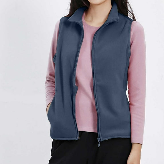 Black and Friday Clothing Sales Idoravan Womens Fleece Sleeveless Jacket,Women's Stand Collar Fashion Casual Pure Color Pocket Plush Warm Vest Dark Blue XXL