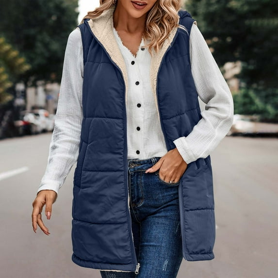 Black and Friday Clothing Sales Idoravan Womens Fleece Sleeveless Jacket,Women's Winter Casual Loose Fashion Color Pocket Zippered Plush Waistcoat Tops Reversible Long Cotton Coat Blue L