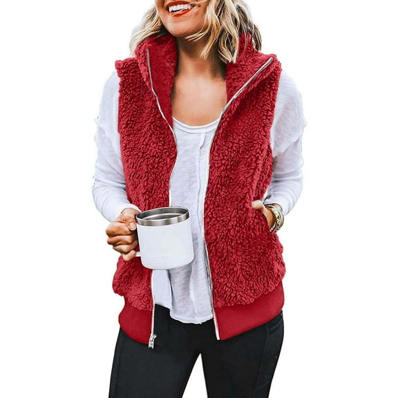 Black and Friday Clothing Sales Idoravan Womens Fleece Sleeveless Jacket,Womens Fall Winter Sleeveless Coat Zip Up Warm Jackets Outerwear with Pockets Red M