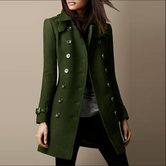 Black and Friday Clothing Sales Idoravan Woolen Coat for Women Women Fashion Long Sleeve V-neck Woolen Overcoat Solid Color Button Overcoat Army Green S