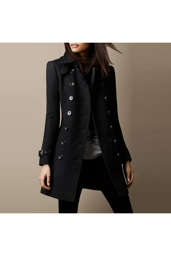 Black and Friday Clothing Sales Idoravan Woolen Coat for Women Clearance Women Fashion Long Sleeve V-neck Woolen Overcoat Solid Color Button Overcoat Black S