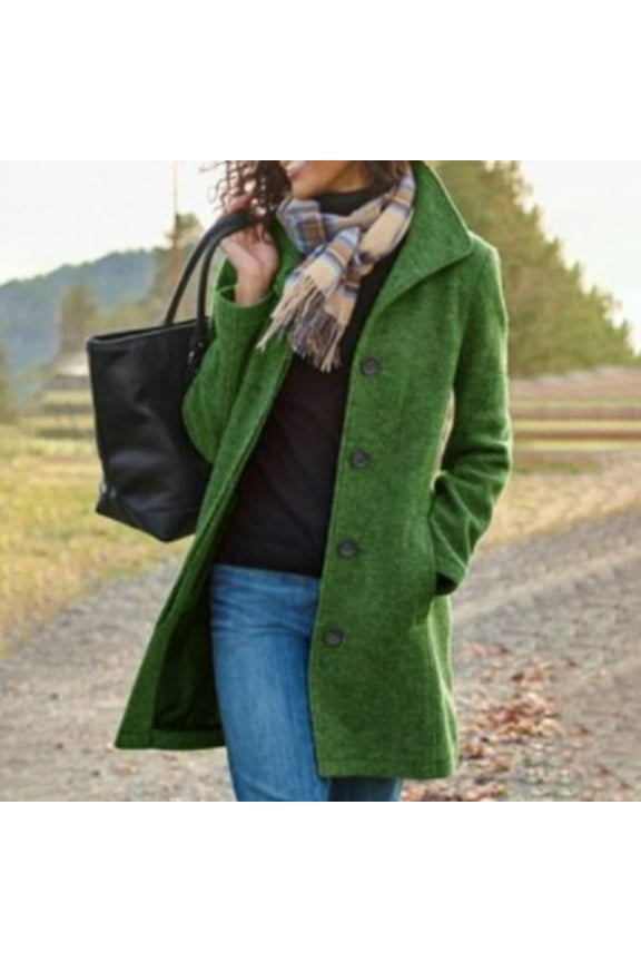 Black and Friday Clothing Sales Idoravan Woolen Coat for Women Women's Solid Color Pocket Woollen Coat Recreational Long Sleeve Tops Green XXL