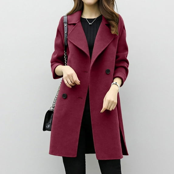 Black and Friday Clothing Sales Idoravan Woolen Coat for Women Clearance Women's Winter Fashion Casual Jacket Casual Outwear Cardigan Slim Coat Overcoat Wine L