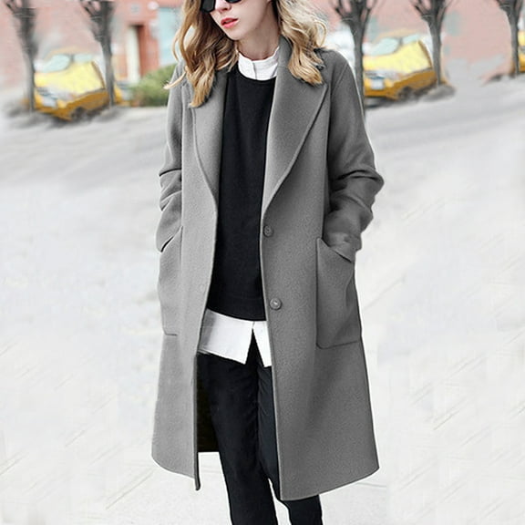 Black and Friday Clothing Sales Idoravan Woolen Coat for Women Womens Winter Lapel Button Long Trench Coat Jacket Ladies Overcoat Outwear Gray XXXXXL