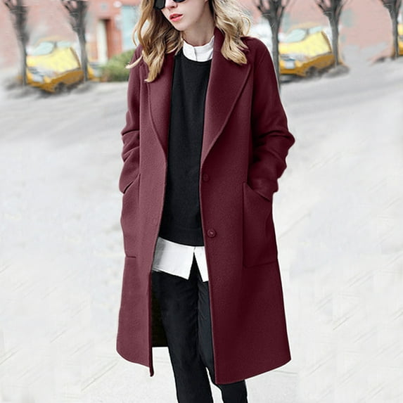 Black and Friday Clothing Sales Idoravan Woolen Coat for Women Clearance Womens Winter Lapel Button Long Trench Coat Jacket Ladies Overcoat Outwear Wine L