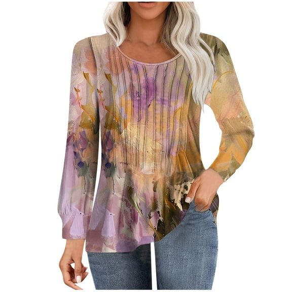 ChaoHeng Womens Tops Long Sleeve Plus Size Autumn Tees Up to 50% Off,Women's Casual Long-sleeved Loose Round Neck Non-positioned Printed Top(Orange,S)