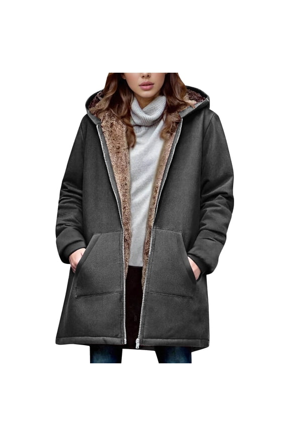 Warmest Women's Fleece Lined Trench Coat,Women's Winter Loose and Warm Long-sleeved Hooded Thickened and Fleece Lambskin Jacket Top Dark Gray XXL