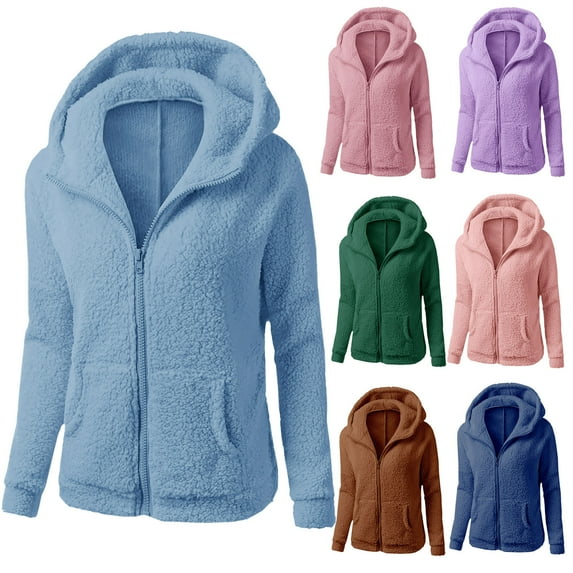 LEAVINGSUO Womens Coats Outerwear Winter Plus Size,Women Hooded Sweater Coat Winter Warm Wool Zipper Coat Long Sleeve Outwear Pink M