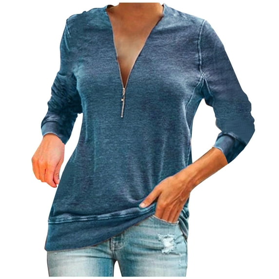 Women's Casual V Neck Long Sleeve Zipper Front Loose Shirt Top Blouse Plus Size Blouse Long Sleeve T Shirt Blouses