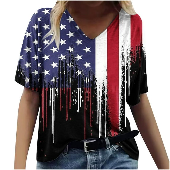 Black_Friday Cyber and Monday Deals Xihbxyly Womens Plus Size Tops Summer Short Sleeve T-Shirt Casual Loose V Neck Tee Shirts July 4 Shirts for Women Independence Day Tops