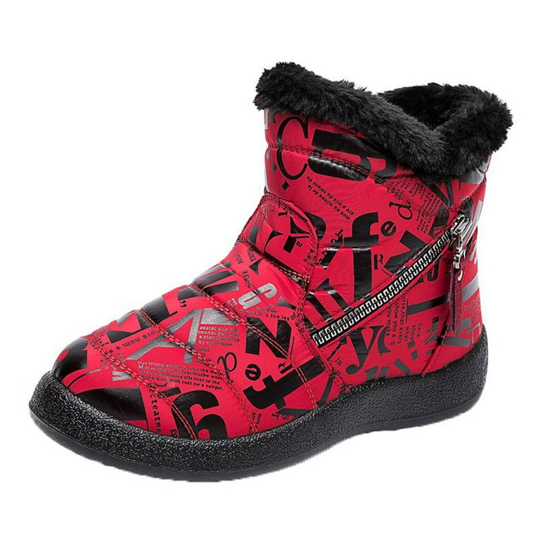Black and Friday Cyber Monday Deals asdoklhq Womens Slip On Shoes Wide Width Women Winter Printing Keep Warm Ankle Boots Plus Velvet Boot Flat Snow
