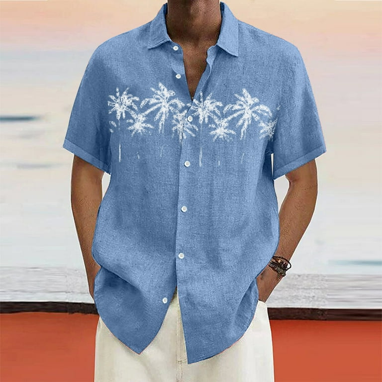 Black Friday Cyber Monday Hanas Designer Spring Summer Men s Casual Cotton Linen Solid Color Short Sleeve Shirts Loose Shirts Blue 2XL
