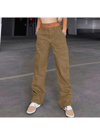 Frehsky Cargo Pants For Women Women Adjustable Elastic Waist Cargo Straight  Leg Pants Loose Baggy Trousers Wide Leg Pants Streetwear Black