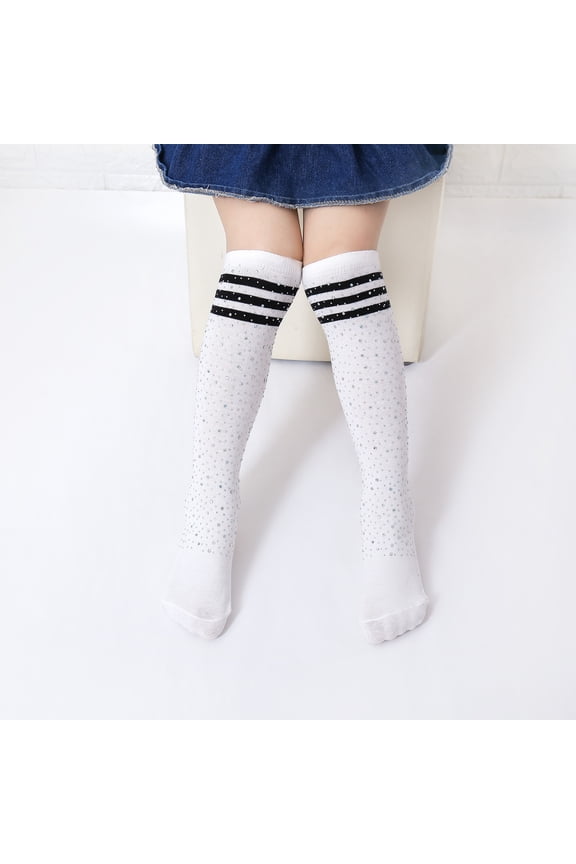 Black and Friday Deal KkSLirnhs Toddler Socks Girls Clearance Hot Drilling Children's Socks Cotton Colorful School Rainbow Over The Knee High Socks Fashion All-match White One Size