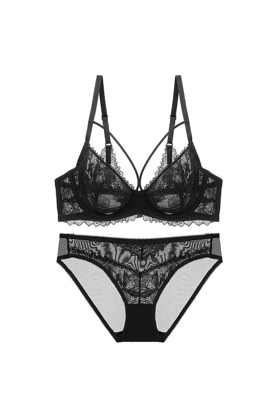 Black_Friday Deal WIZUTIZ Fishnet Lingerie 2pcs Sheer Underwear Corset Thin Sponge Transparent Bra With Large Chest&Small Lace Women's SexyGather And Lift For Breathability Lingerie Bra Set