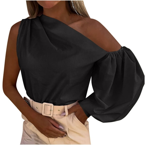 Black and Friday Deals under 10.00 LYXSSBYX Womens Long Sleeve Tops Hot Sale Clearance Fashion Women Solid One Shoulder Long SleeveCasual Shirts Blouses Tops