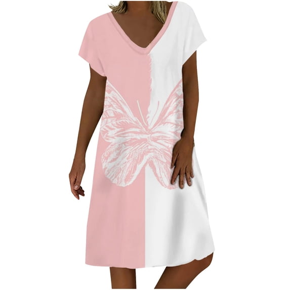 Clearance under $5 JINMGG 2025 Summer Plus size Clearance Dresses for Women under $10,Women's V-Neck Fashion Casual Temperament Pullover Short Sleeve Print Loose Dress