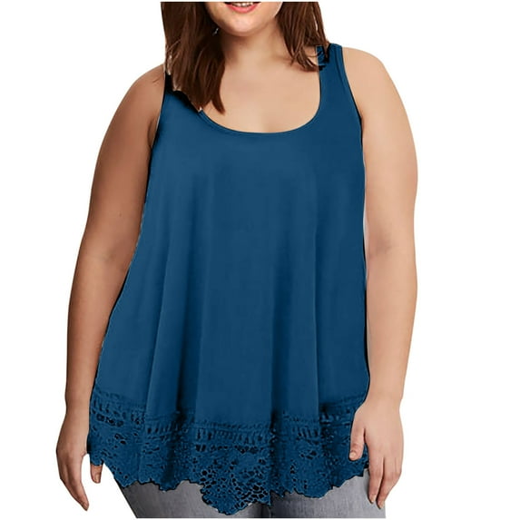 JINMGG Tank Tops for Women under $5,Women's Solid Color Hem Lace Casual All-Match Plus Size Vest T-Shirt Blue M