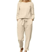 Clearance under $5 JINMGG Two Piece Outfits Women, 2025 Fashion Fall Clearance 2PC Fashion Woman O-Neck Solid Long Sleeve Blouse +Loose Pants Sets Beige M