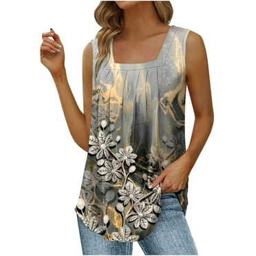 JINMGG Women's Summer Casual Tank Tops Loose Fit Pleated Square Neck Sleeveless Shirts Tops Dark Gray XL