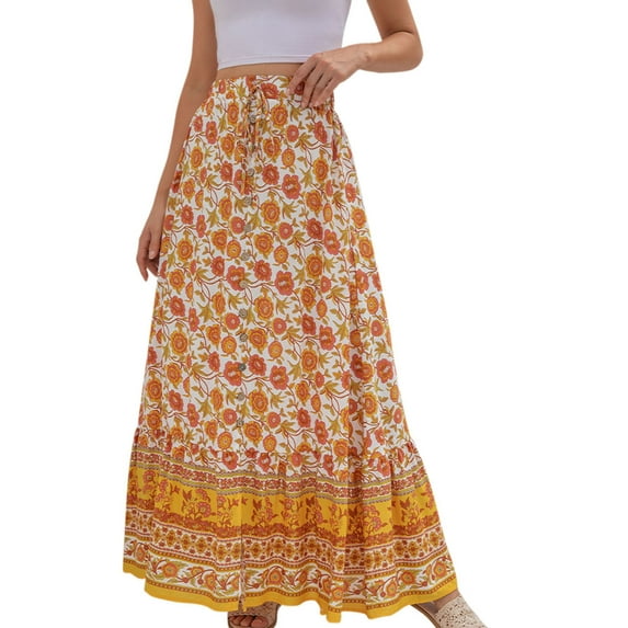JINMGG Womens Plus Size Clearance $5 Fashion Women Printing Leisure Elastic Waist Split Boho Skirt Yellow L