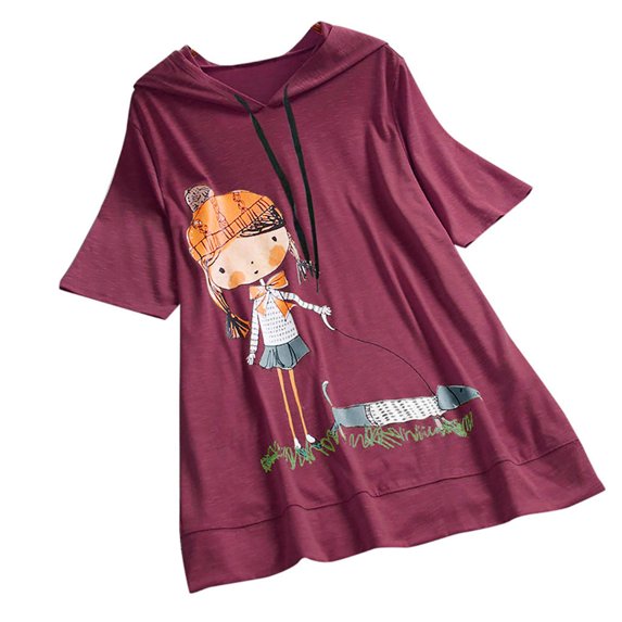 Black and Friday Deals 2023 Clearance under $5 JINMGG Womens Plus Size Clearance $5 Women Casual Cartoon Print Hooded Short Sleeve Plus Size Top T-Shirt Blouse Red XXL